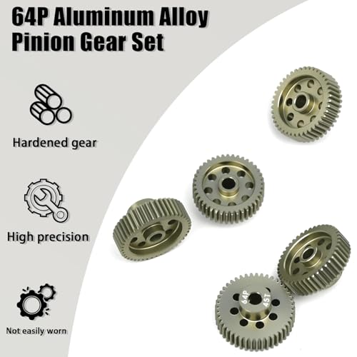 5Pcs 64P Aluminum Alloy Pinion Gear Set 3.175mm 41T 42T 43T 44T 45T Motor Pinion Gear W/ M4 Screw and Hex Key, Fit 3.175mm (1/8-Inch) Shaft, for Arrma HPI Kyosho Losi Axial Traxxas Tamiya 1/10 RC Car - size: 64P-3.175mm-41-45T