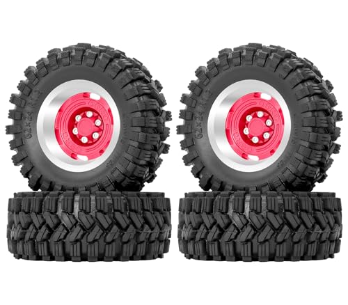 OGRC 1.3 Beadlock Wheel Tires -4mm Offset Wheels for 1/24 1/18 SCX24 TRX4M | Aluminum, 7mm Hex, Sticky Compound Rubber, for TRX4M AX24 FCX24 RC Carwler Car, Red - color: Red