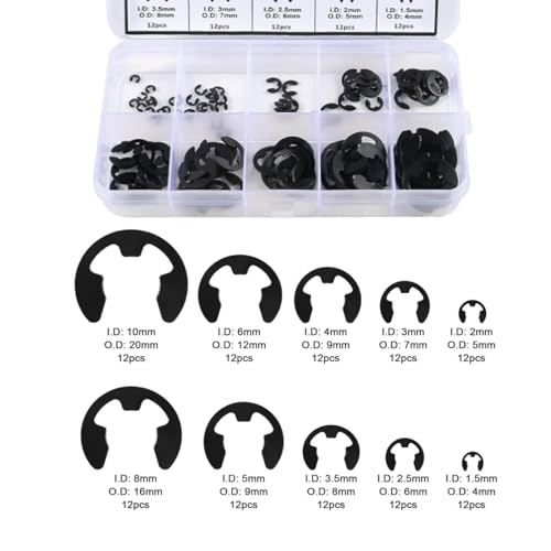 120pcs E-Clip Circlip External Retaining Clips Assortment Set Hardened Steel Circlip Kit Anti Walk Washers 1.5/2 /3/4/5/6/7/8/9/10mm