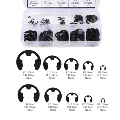 120pcs E-Clip Circlip External Retaining Clips Assortment Set Hardened Steel Circlip Kit Anti Walk Washers 1.5/2 /3/4/5/6/7/8/9/10mm