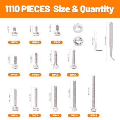 1110-Piece M3 Stainless Steel Socket Head Screw & Nut Kit – Hex Drive Cap Screws (4-30mm) with Allen Wrench & Curved Tweezer – Metric Machine Screw Assortment Set - size: 1110PCS Socket Head
