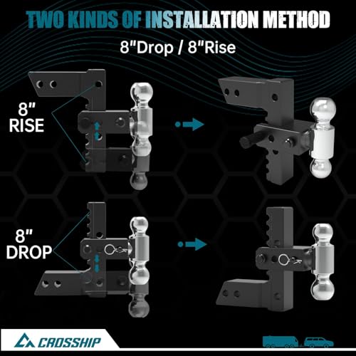 Adjustable Trailer Hitch - Heavy Duty Aluminum Drop Drawbar Hitch - Fits 2.5" Receiver, 8" Drop/Rise, for Truck, SUV, RV(18500 Lbs GTW) - color: Black, size: 2.5" 8 Drop-Dual Ball