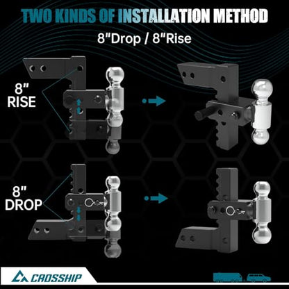 Adjustable Trailer Hitch - Heavy Duty Aluminum Drop Drawbar Hitch - Fits 2.5" Receiver, 8" Drop/Rise, for Truck, SUV, RV(18500 Lbs GTW) - color: Black, size: 2.5" 8 Drop-Dual Ball