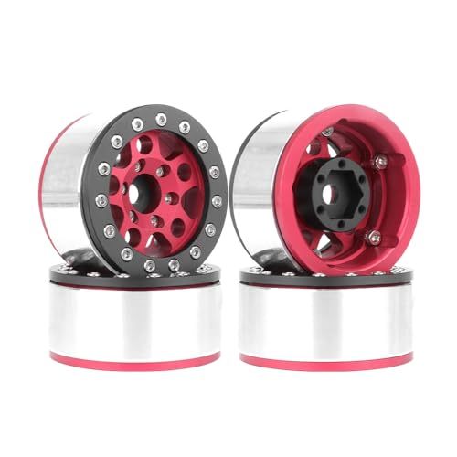 4PCS 1.55 Inch Aluminum Alloy Metal 5Spoke Beadlock Wheel Rim Hubs Replacement Accessory for AX90069 D90 TF2 CC01 Tamiya 1/10 RC Crawler Car Upgrade Parts (Black Red) - color: Black Red