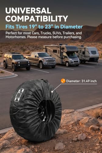 Spare Tire Cover, 190T Polyester Taffeta Waterproof Auto Wheel Bags, Portable Tire Storage Bag with Pocket and Handle, Adjustable Drawstring for 19"-23" Tires, Universal for Most Cars (Black)