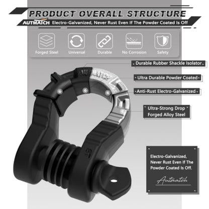 AUTMATCH D Ring Shackles 3/4" Mega Shackle (2 Pack) 68,000Ibs Break Strength - Heavy Duty Clevis Shackles 7/8" Screw Pin & Isolator Washer for Tow Strap Winch Off Road Vehicle Recovery, Matte Black - color: Matte Black