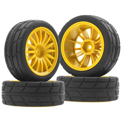 4Pack Vgoohobby OD70mm RC 1/10 On Road Rubber Tires w/Plastic Wheel Rims 12mm Hex Compatible with HSP HPI Redcat Tamiya Traxxas Kyosho 1/10 RC On Road Racing Touring Car (Yellow) - color: Yellow