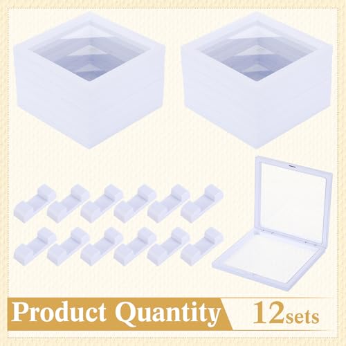 Harloon 12 Pcs 3D Floating Display Case Floating Frame Display Holder Stand Challenge Coin Jewelry Frame Box for AA Medallions Fossil Rock Gemstones Specimen(White,7 x 7 x 0.8 Inch,Square Base) - color: White, size: 7 x 7 x 0.8 Inch, style: Square Base