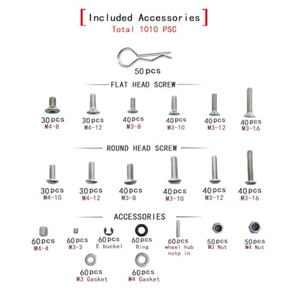 1010PCS Universal RC Screw Kit Screws Assortment Set 304 Stainless Steel Screws Assortment Set, for Traxxas Axial Redcat HPI Arrma SCX10 Losi 1/8 1/10 1/12 1/16 Scale RC Cars Trucks Crawler