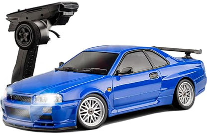 FLYCOLOR LD1899 1/18 RC Drift Car GTR R34 2.4GHz RWD with Gyroscope on-Road Alloy Body Shell Racing Cars Radio Control (Blue) - color: Blue