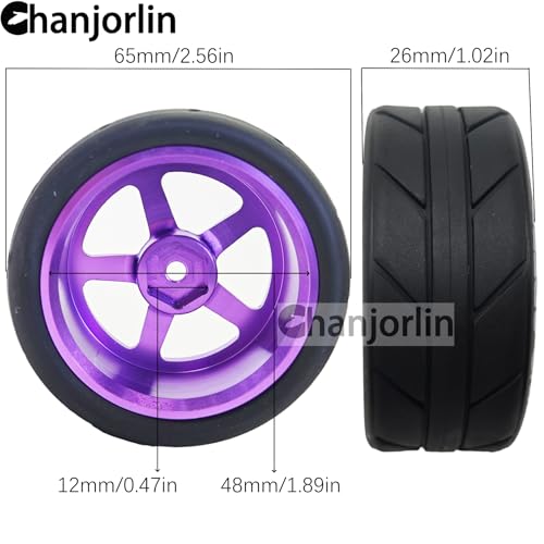 1/10 On Road Racing Tires And 5-Spoke Aluminum Wheels 12mm Hex OD 2.56" RC Touring Tyres For 1:10 Rally Street Drift Car Tamiya TT01 TT02 XV01 A959 PTG2 KYOSHO HSP Traxxas 4PCS (Purple) - color: Purple