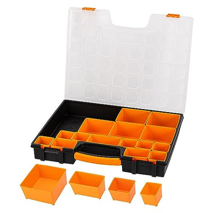 Amazon Basics 19-Removable Compartment Small Parts Organizer, Portable Hardware Storage Box with Customizable Compartments, Black, Orange, 16.5 x 13.2 x 2.4 inches (Pack of 8) - size: 16.5 x 13.2 x 2.4 inches (Pack of 8)