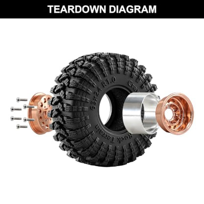 1.0" Beadlock Aluminum Wheels and 63mm Soft Rubber Tires | for SCX24, TRX4M, Ascent 18, FCX24, 1/18 1/24 RC Crawler, 7mm Hex, 0mm Offset, with Foam Inserts, (Silver) - color: Silver