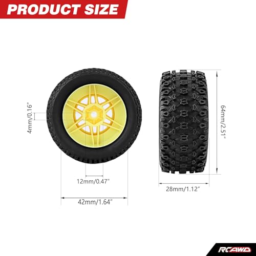 RCAWD Mojave Grom & 1/16 Slash 4X4 Pre-Glued Wheel Tire Set, Balance Grip & Durability Nylon Rubber 12mm Hex Adapter 4mm for Traxxas & ARRMA Upgrades Part All Terrain Adaptation 4pcs Yellow - color: Yellow