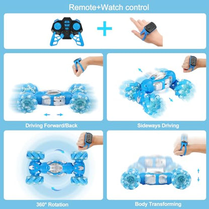 Boys Aged 6-12 Birthday Gift Ideas- Gesture Sensing RC Stunt Car Toy for Kids, Hand-Controlled 2.4Ghz Remote Control Twist Cars, 4WD All-Terrain Off-Road Vehicle - color: Watch Control and Remote Control
