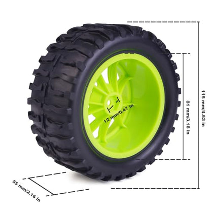Hosim 55 * 115 mm RC Tires, All Terrain Soft Tire Mounted on 12mm Hex Wheels (Set of 4) for 1/10 RC Cars (Green Wheel hub) - color: Green