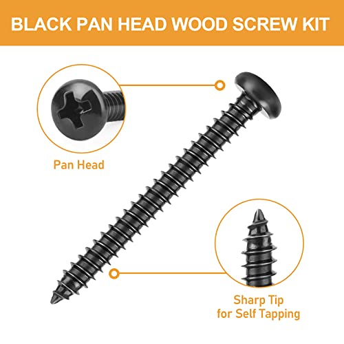 VIGRUE 260PCS #6#8 Black Wood Screw Assortment Kit, 304 Stainless Steel Pan Head Self Tapping Screws, Black Oxide - style: 260PCS #6#8Stainless Steel Black Pan Head