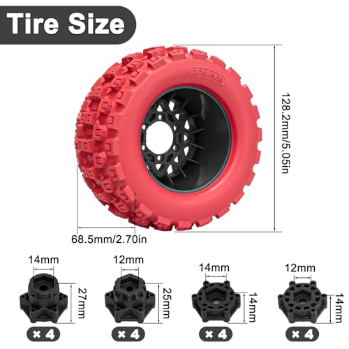 LRFHL MX28 F/R 2.8" RC Monster Truck Tires and Wheels 4PCS, Red | 12mm/14mm Hex Adapter, 1/10 RC Monster Truck, Compatible with Traxxas Stampede Rustler Redcat Arrma Vorteks Big Rock Granite - color: Red Tires+ Black Wheel-5