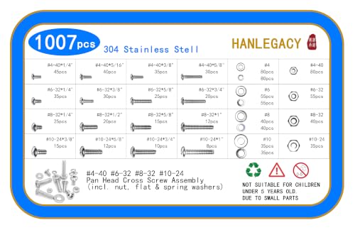 Machine Screw Assortment Kit 1007Pcs 304 Stainless Steel, #4-40#6-32#8-32#10-24 Phillips Pan Head Screws with Nuts, Flat & Spring Washers, Organized Storage Case for DIY Home Repair Automotive
