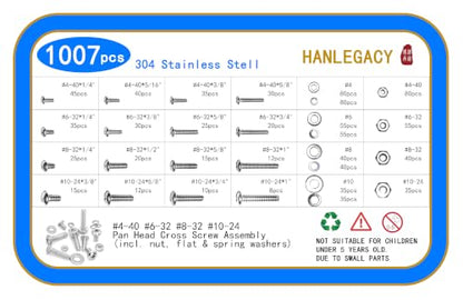 Machine Screw Assortment Kit 1007Pcs 304 Stainless Steel, #4-40#6-32#8-32#10-24 Phillips Pan Head Screws with Nuts, Flat & Spring Washers, Organized Storage Case for DIY Home Repair Automotive