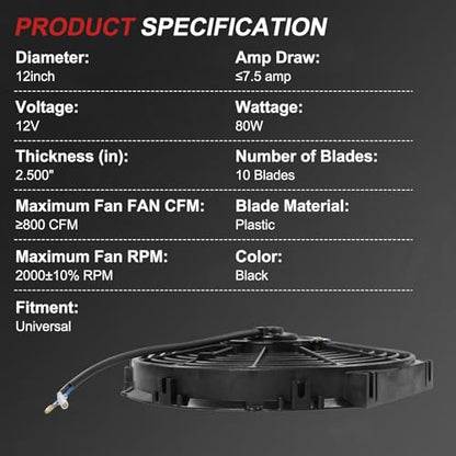 JDMSPEED New 12" Inch Universal Slim Fan Push Pull Electric Radiator Cooling 12V Mount Kit - color: Black, size: 12 Inch