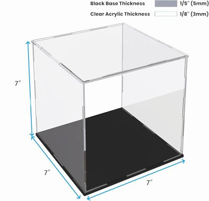 Acrylic Display Case for Collectibles and Toys, Versatile Clear Acrylic Display Box with Black Base for Showcase and Displaying, 7x7x7-inch - size: 7"L x 7"W x 7"H