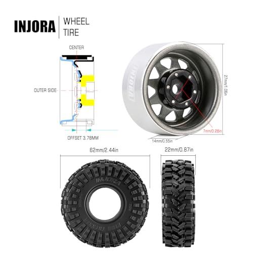 INJORA 1.0 Beadlock Wheel Tires Set -3.78mm Offset for 1/18 1/24 RC, Grey - color: Grey