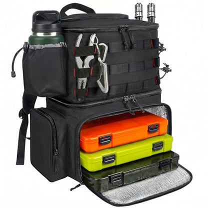 MATEIN Fishing Backpack, Tackle Storage Bag with Rod Holders & Cooler | Water Resistant Fishing Bag Fits 4 3600 Trays, Large Wide Open Tackle Box Backpack, Gifts for Fishermen - color: Black - Large