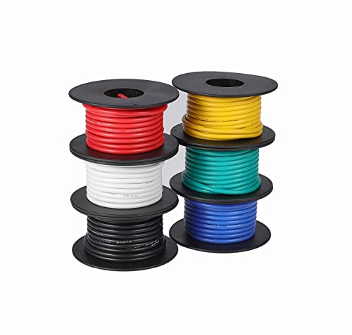 16awg Flexible Silicone Wire, 16 Gauge, 6 Colors 15ft Each | Tinned Copper, Silicone Rubber Insulated, OD: 3 mm, 600V Stranded, Automotive Wiring - size: 16 AWG Stranded 6 Colors 15 ft