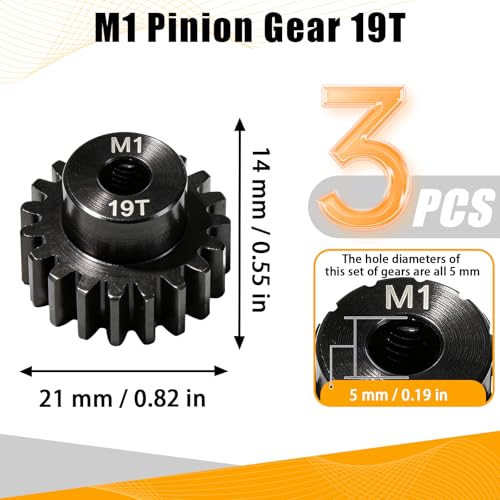 M1 Gear 19T 5mm Bore 3-Pack – High-Precision Hardened Steel Motor Pinion Gear for 1/8 1/10 RC Crawler, Monster Truck, Short Course Truck & Boat (Compatible with Traxxas Axial, FMS, HSP Redcat Losi) - style: M1 3Pcs 19T