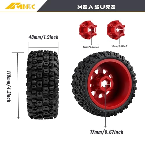 Pre-Glued Plastic RC Wheels and Tires 12MM 14MM 17MM Hex Compatible with Arrma Axial RC4WD Redcat Slash 2WD 4X4 Senton Short Course Truck Upgrades Part Red - color: Red