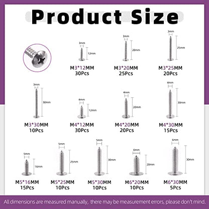 Swpeet 200Pcs #6#8#10#12 304 Stainless Steel Phillips Truss Head Self Tapping Screws Phillips Cross Drive Wood Screws Sheet Metal Screws Assortment Kit for Sheet Metal, Wood, PVC Plastic - size: Assortment Kit