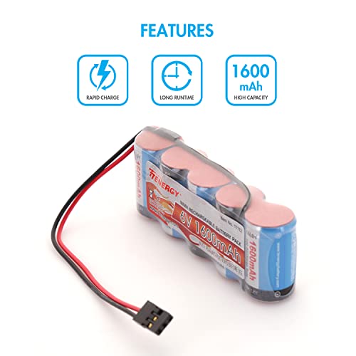 Tenergy 2 Pack Receiver Battery, 6V NiMH Rechargeable RC Battery Pack with Hitec Connector, 1600mAh High Capacity Side by Side 5C Flat RX Battery for RC Vehicles