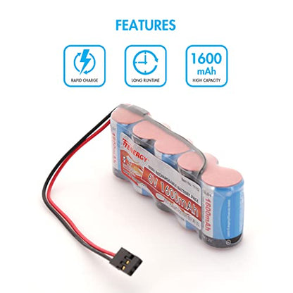 Tenergy 2 Pack Receiver Battery, 6V NiMH Rechargeable RC Battery Pack with Hitec Connector, 1600mAh High Capacity Side by Side 5C Flat RX Battery for RC Vehicles