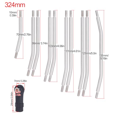10Pcs Stainless Steel Links Rod Set with Ball End 313/324mm Wheelbase for 1/10 RC Crawler Car Axial SCX10 TRX4 Upgrade Parts (324mm)