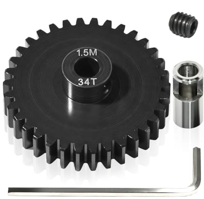 M1.5 34T Pinion Gear 8mm Bore with 8mm to 5mm Shaft Adapter Sleeve, Chromium Steel Motor Gear with Set Screw & Hex Key for Traxxas ARRMA Losi 1/5 1/8 RC Cars - size: 34T