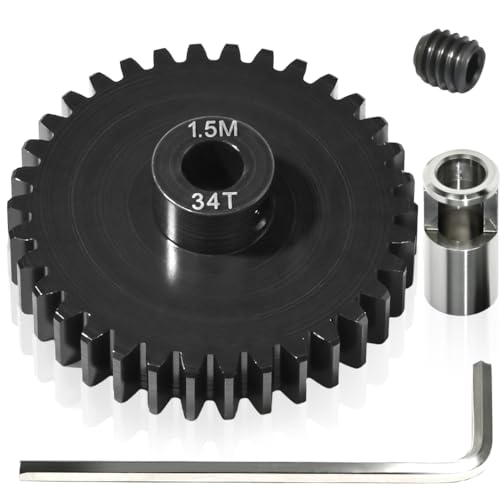 M1.5 34T Pinion Gear 8mm Bore with 8mm to 5mm Shaft Adapter Sleeve, Chromium Steel Motor Gear with Set Screw & Hex Key for Traxxas ARRMA Losi 1/5 1/8 RC Cars - size: 34T