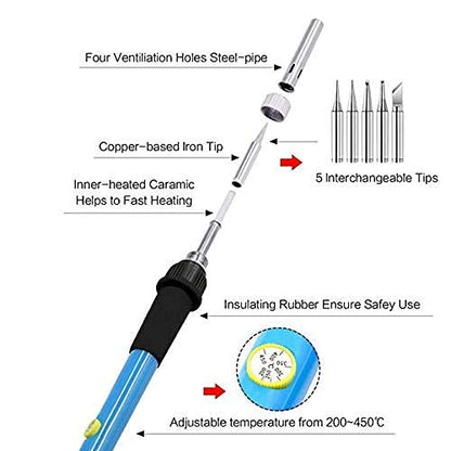 Electric Soldering Iron Kit 60W Adjustable Temperature Welding Soldering Iron with 5pcs Different Tips, 1 thread 1.0mm Dia. (Soldering Irons) - color: Blue