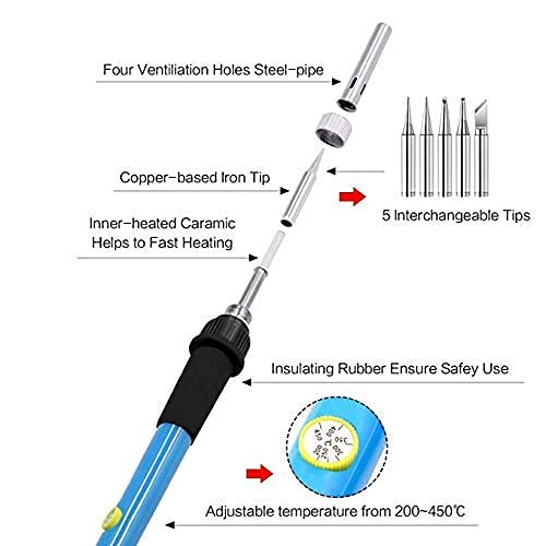 Electric Soldering Iron Kit 60W Adjustable Temperature Welding Soldering Iron with 5pcs Different Tips, 1 thread 1.0mm Dia. (Soldering Irons) - color: Black