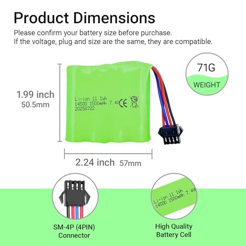7.4V 1500mAh Battery with SM-4P Plug and Charger Cable for DE36W DE65 1803 1809 Remote Control Cars 1:12 Monster RC Truck Baggy Crawler Battery (2Pack)
