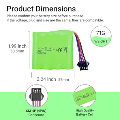 7.4V 1500mAh Battery with SM-4P Plug and Charger Cable for DE36W DE65 1803 1809 Remote Control Cars 1:12 Monster RC Truck Baggy Crawler Battery (2Pack)