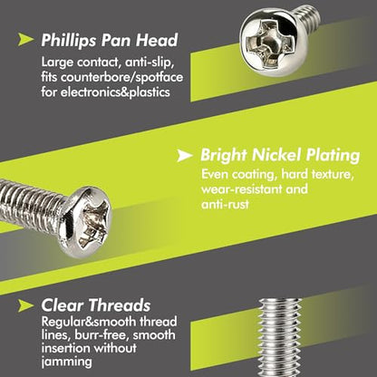 800PCS Micro Screws Assortment Kit, M1/M1.2/M1.4/M1.6/M1.7 Mini Phillips Pan Head Screws, Bright Nickel Plated Small Machine Screw Set for Electronics Repair, DIY, Precision Devices