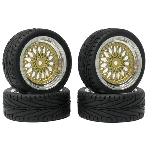4PCS RC On-Road Car Tyres 65mm Rubber Tire and Plastic Plating Wheel Rims for 1:10 RC Run-flating Racing Touring Car for Tamiya HSP HPI Kyosho(Gold Silver,Offset:9mm) - color: Gold Silver, size: Offset:9mm