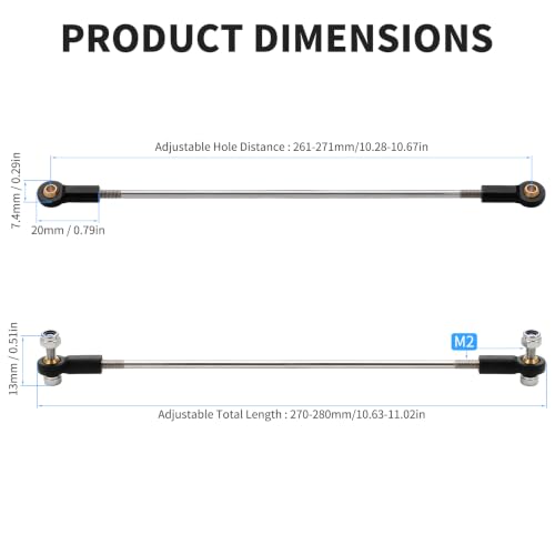 2 Pcs RC Toy Push Rod, M2x250mm Tie Rods Black Ball Head Joint | 270-280mm Adjustable, 304 Servo Linkage Link Rods, Double Plastic Ball Head, for RC Cars, Planes, Helicopters, DIY Models - color: M2×250mm Rod