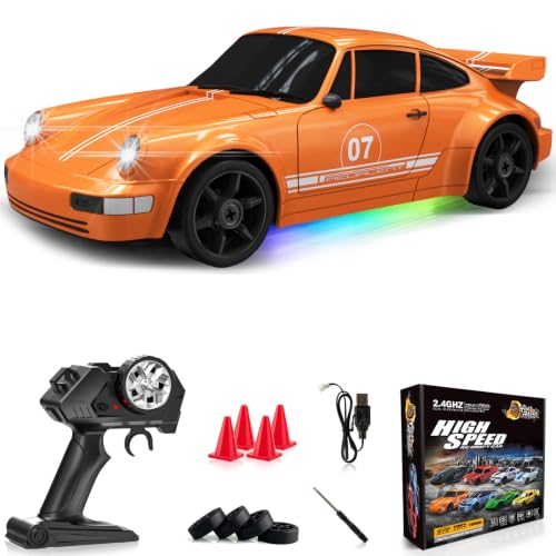 RC Drift Car 1:24 Remote Control Car 4WD 15KM/H High Speed Racing Sport Car with LED Lights RC Cars Toy for Kids Boys Girls Adults Gifts Birthday Christmas - color: Orange