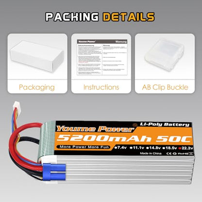 Youme 6S Lipo Battery 22.2V 5200mAh 50C EC5 Plug 2Packs for RC Car Truck | 22.2V 6S lipo battery softcase 50C EC5/XT90 plug for 550/600/700 RC Airplane Helicopter,1/7 1/8 RC Car Truck, 70-90mm EDF jet