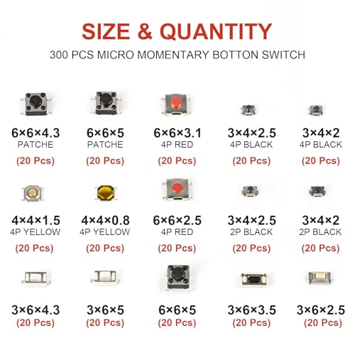 300 Pcs 15 Value Micro Momentary Tactile Switch Assortment Kit | Push Button Switch Set - style: 300 Pcs 15 Value