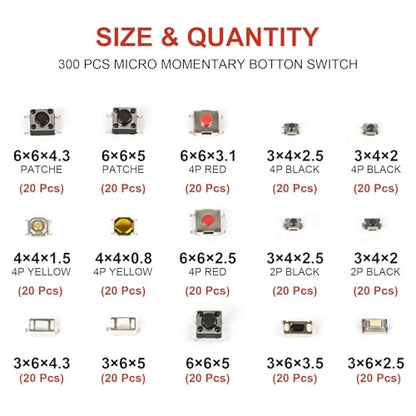 300 Pcs 15 Value Micro Momentary Tactile Switch Assortment Kit | Push Button Switch Set - style: 300 Pcs 15 Value