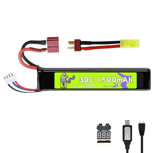 11.1V 452096 1500mAh 30C T Plug Stick Battery for Airsoft Toy Gun AK47 MP5K MP5 Scar M249 AUG AEG M4,M110, SR25,M240B,M60,G36,M14,RPK,PKM,L8 with Mini Tamiya