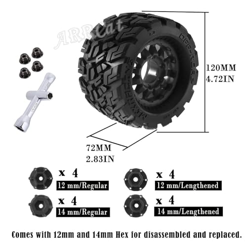 RC Truck Tires Wheel for 1/10 Big Rock Granite Vortek/Stampede Rustler Hoss/L0s1 Rc 4wd,RC Wheels Tires 12mm/14mm Hex,Black - color: Black - Rc Tires Wheel